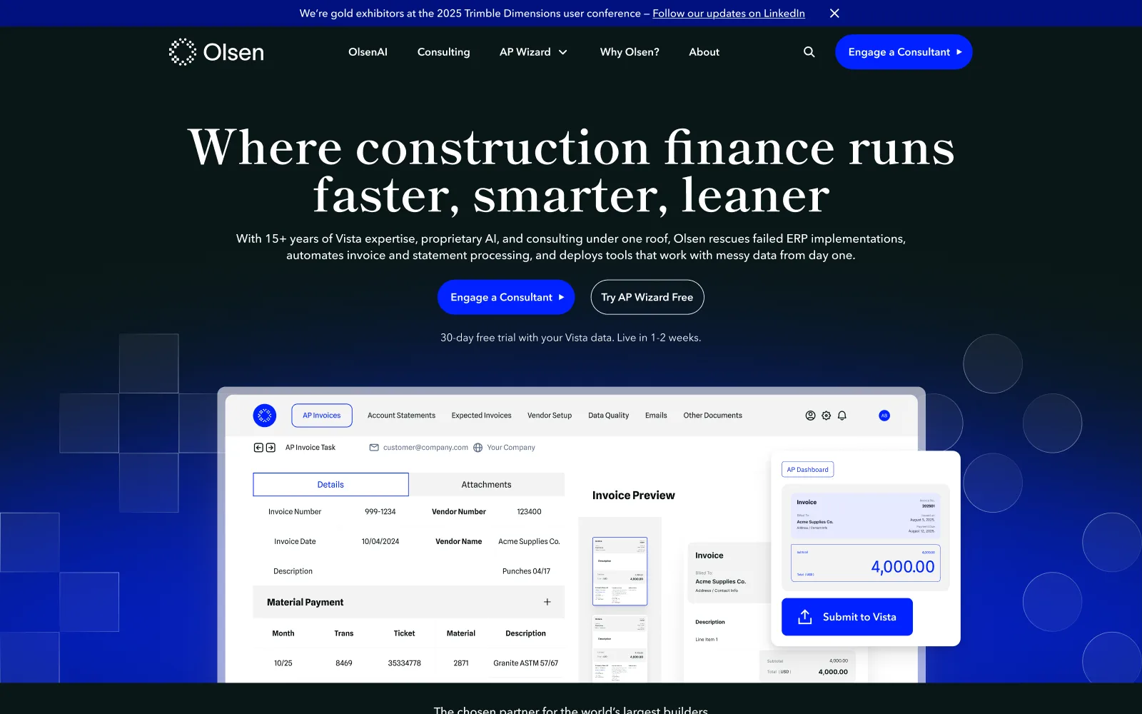 The approved olsenai.com homepage with a serif headline on near-black and blue