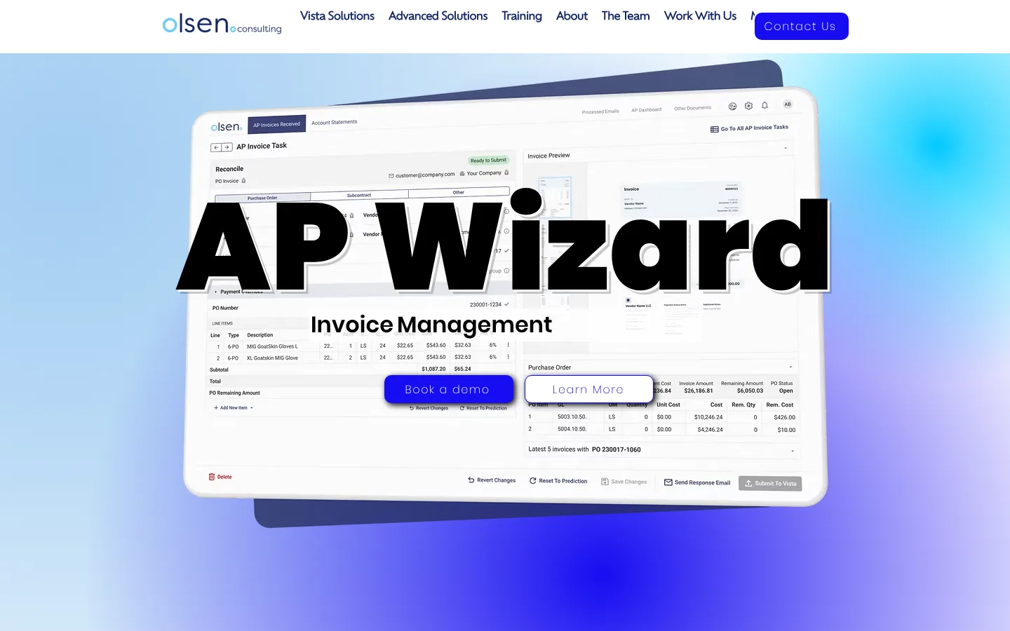 The old olsenconsulting.ca homepage with a giant AP Wizard headline over a cyan gradient