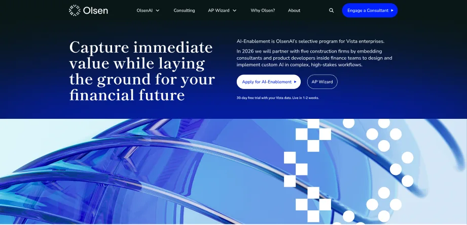OlsenAI page hero with a glassy 3D render under the chequerboard pattern