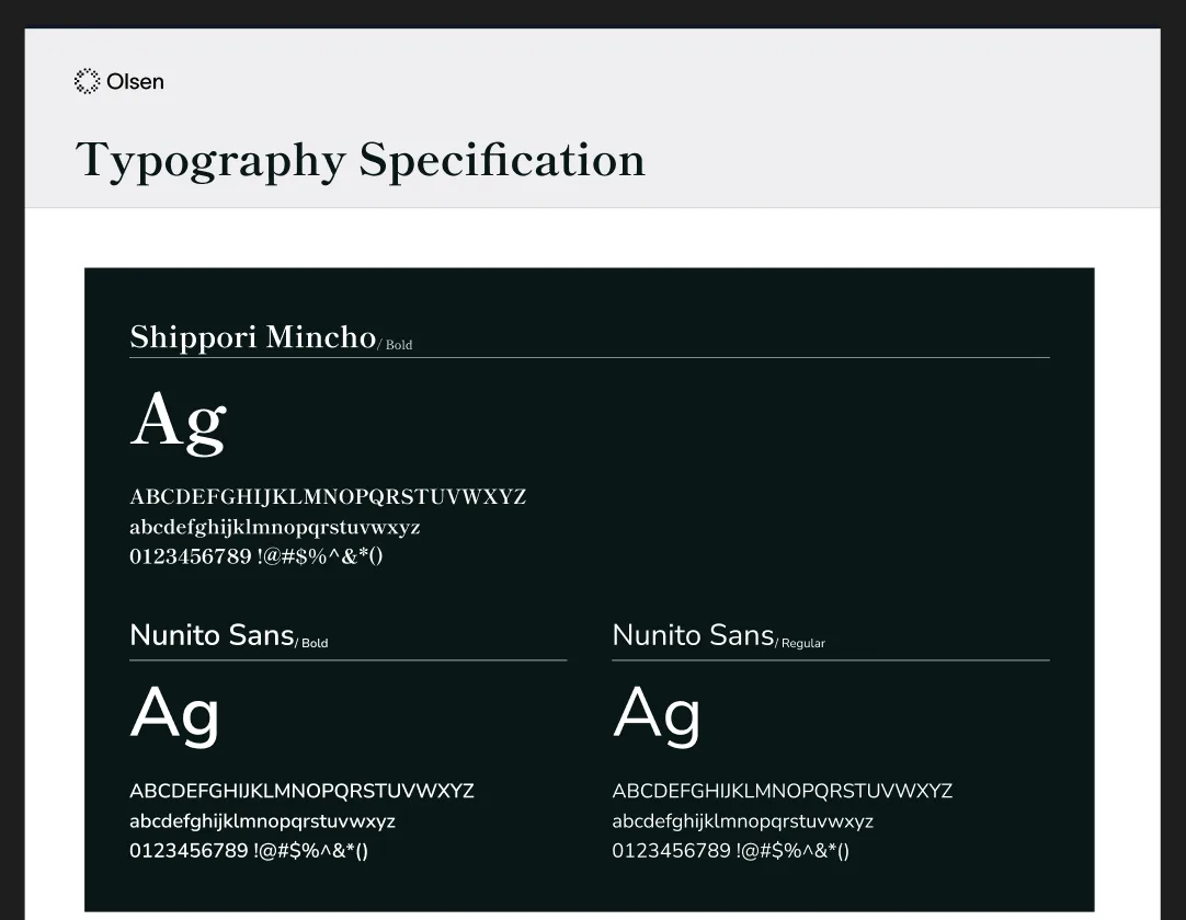 Typography specification: Shippori Mincho with Nunito Sans