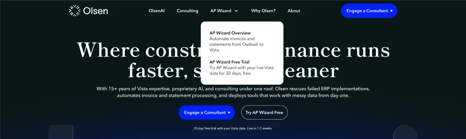 Olsen navigation with the AP Wizard menu open