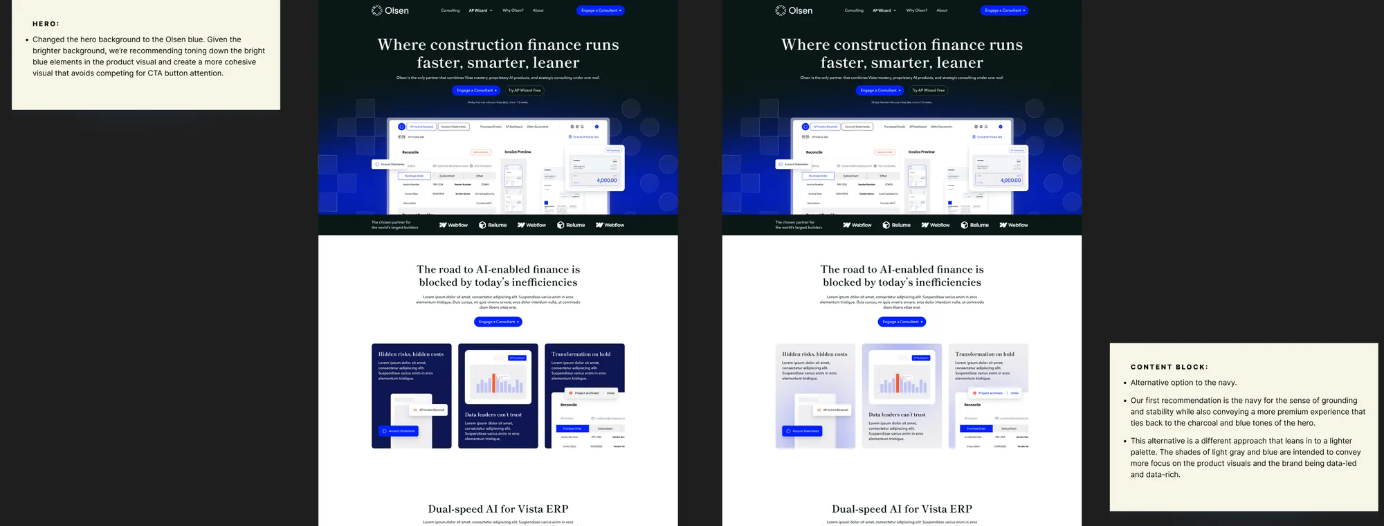 Two colour variants of the merged homepage direction with review notes