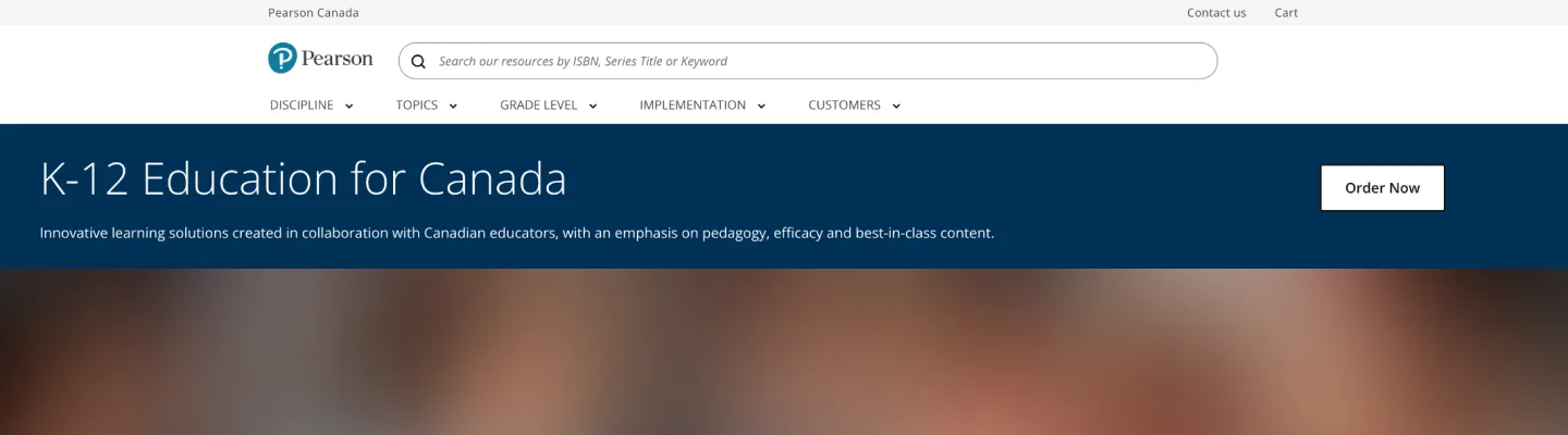 The old Pearson Canada K-12 homepage header, with ordering under Customers
