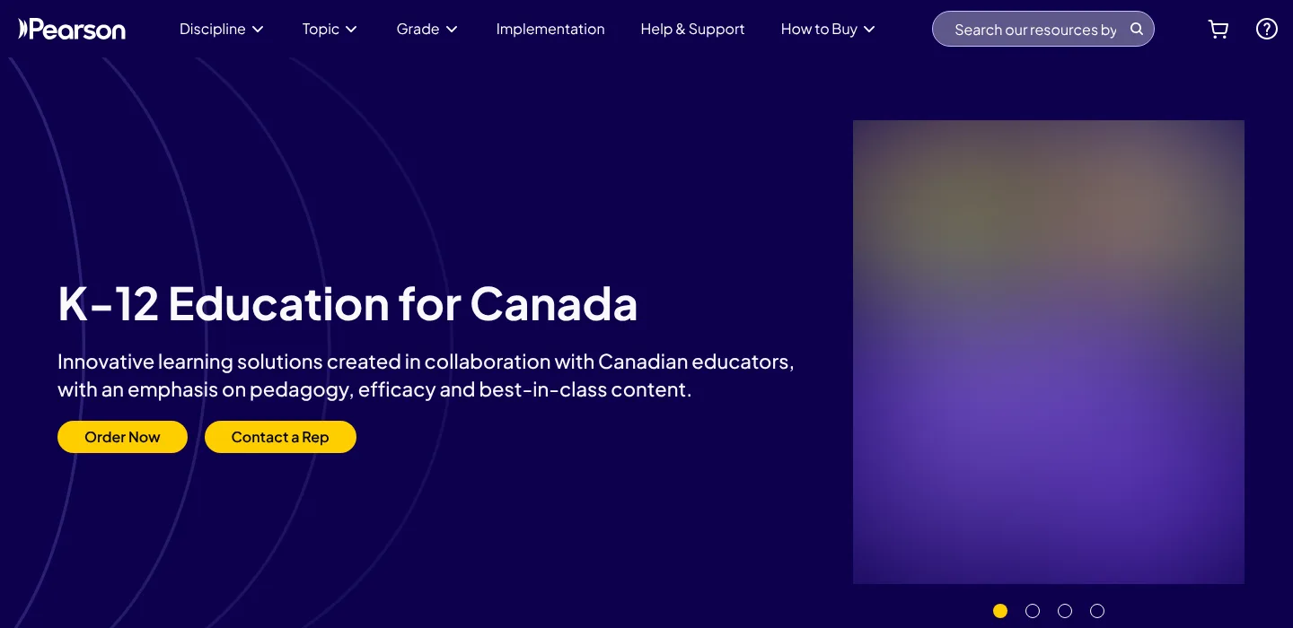 The live Pearson Canada K-12 homepage with How to Buy in the main nav and Order Now beside Contact a Rep