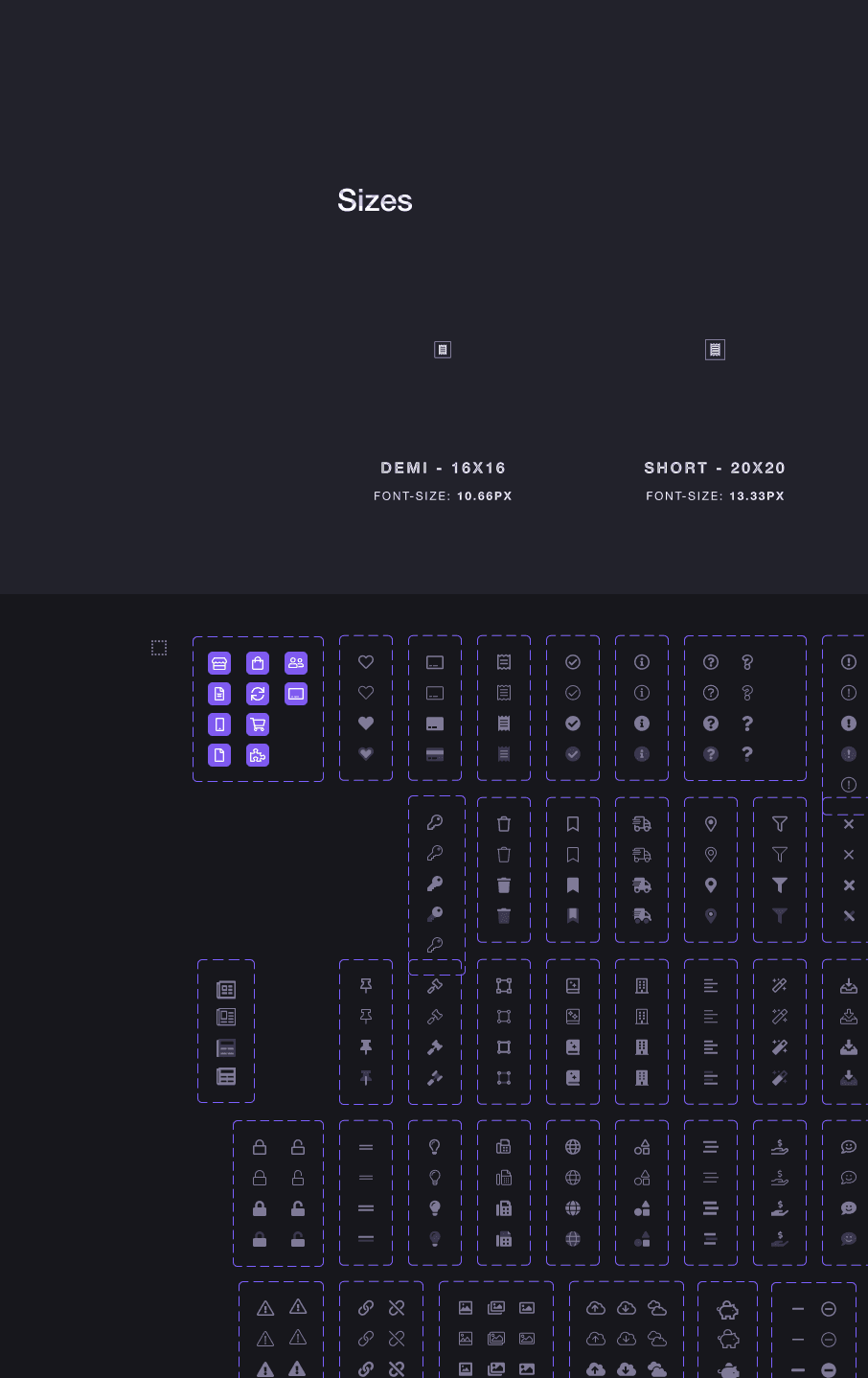 The documented icon library with sizes and usage specs