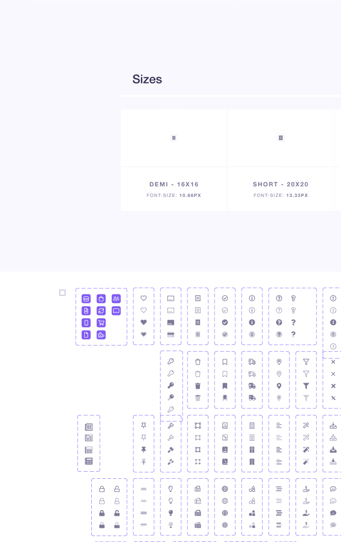 The documented icon library with sizes and usage specs