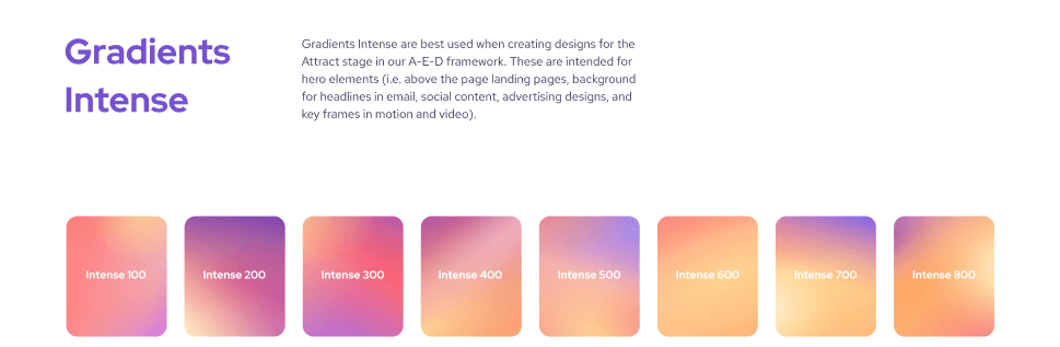 Brand guideline page: the Gradients Intense swatches