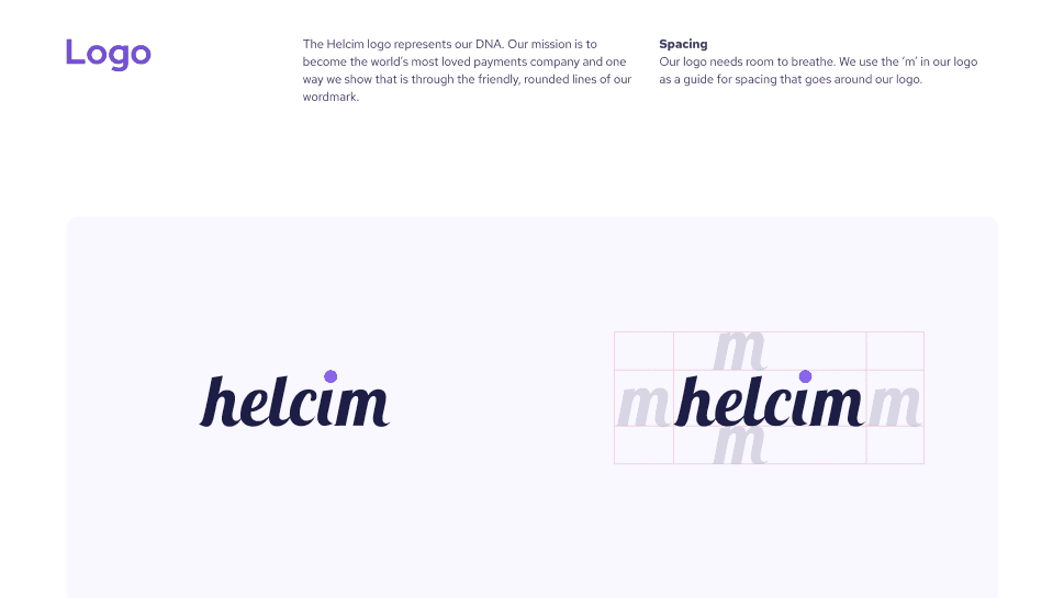 Brand guideline page: the Helcim logo and its spacing guide