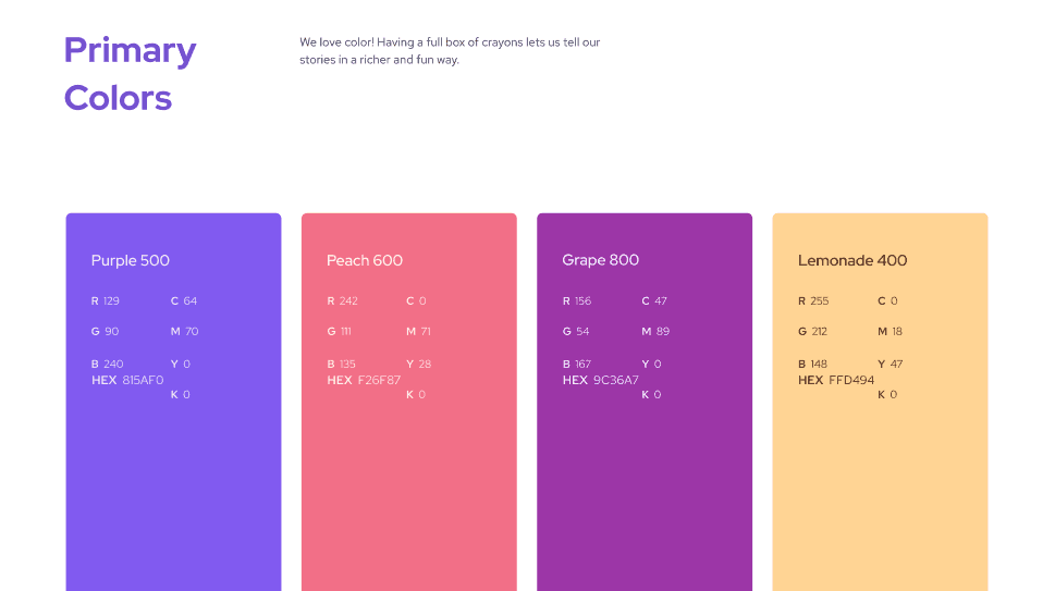 Brand guideline page: the four primary colors, Purple, Peach, Grape and Lemonade