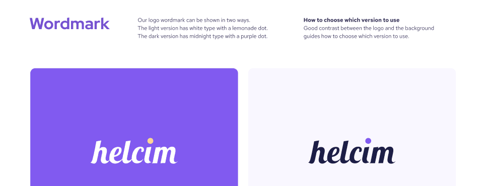 Brand guideline page: light and dark versions of the Helcim wordmark